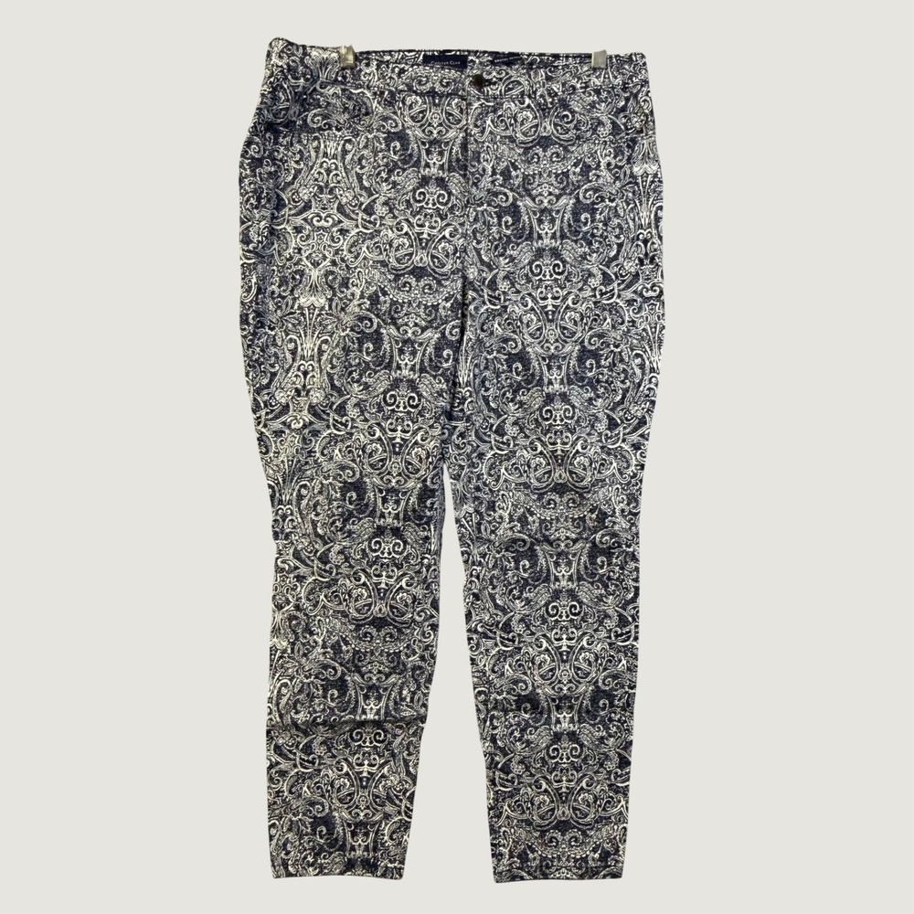 Charter Club Bristol Skinny Ankle Pants Navy White‎ Paisley Damask Womens 14